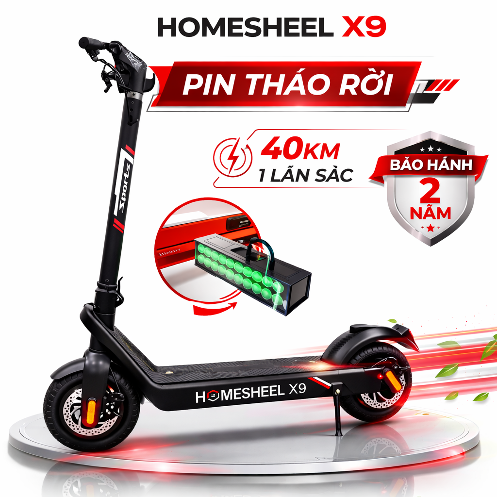 Scooter điện HOMESHEEL X9 pin tháo rời 45km mỗi lần sạc thiết kế thể thao cao cấp