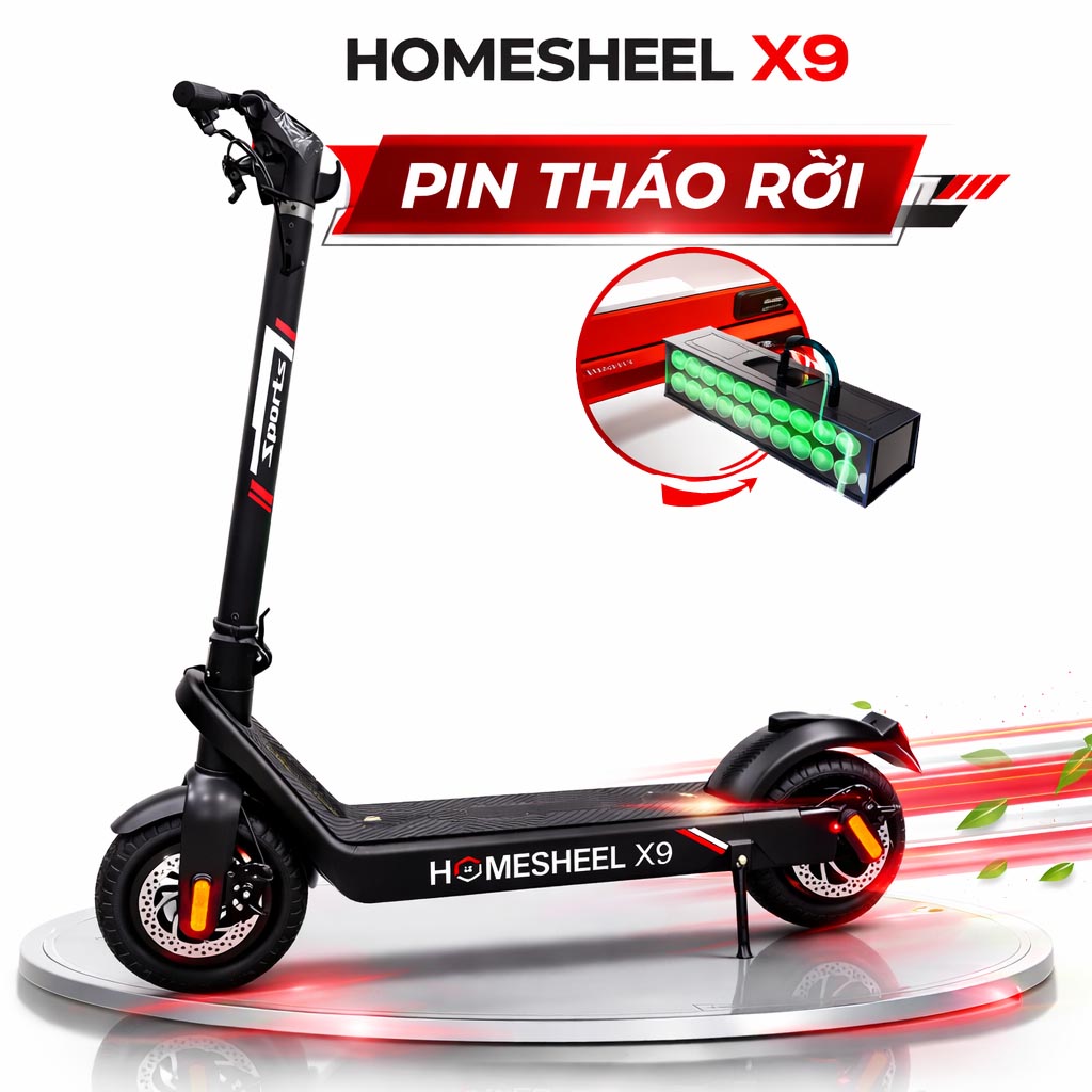 Scooter điện Homesheel X9 pin tháo rời tiện lợi, thiết kế gọn nhẹ, chính hãng bảo hành 2 năm