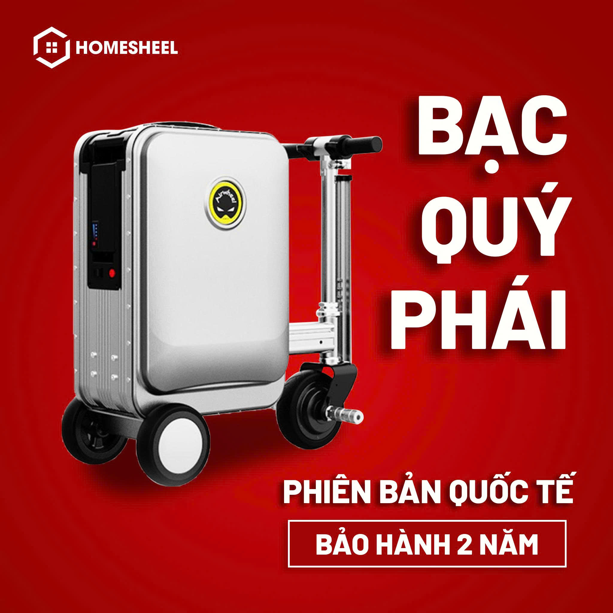 Vali điện Airwheel Homesheel màu bạc sang trọng, thiết kế hiện đại, di chuyển linh hoạt tại sân bay