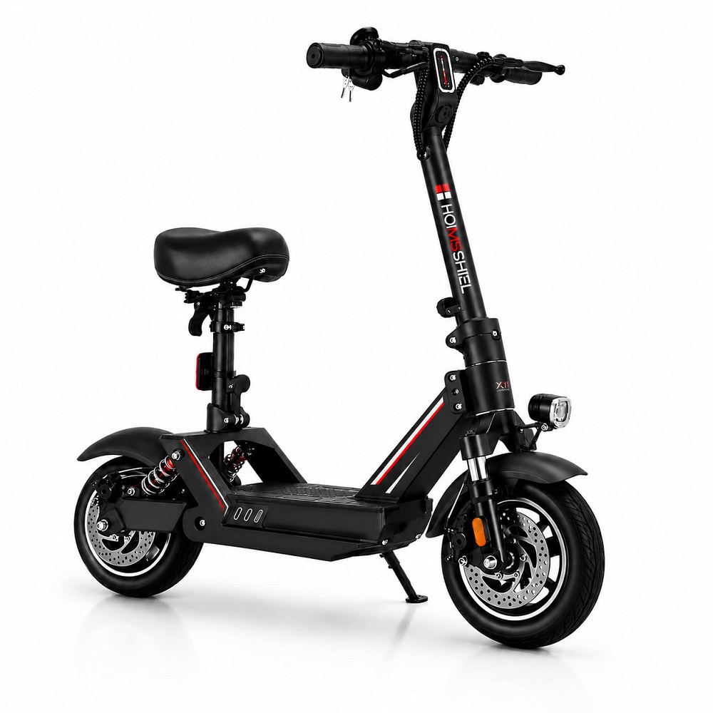 Xe scooter điện HOMESHEEL X11 màu đen gấp gọn, có yên ngồi, giảm xóc kép, phanh đĩa trước sau.