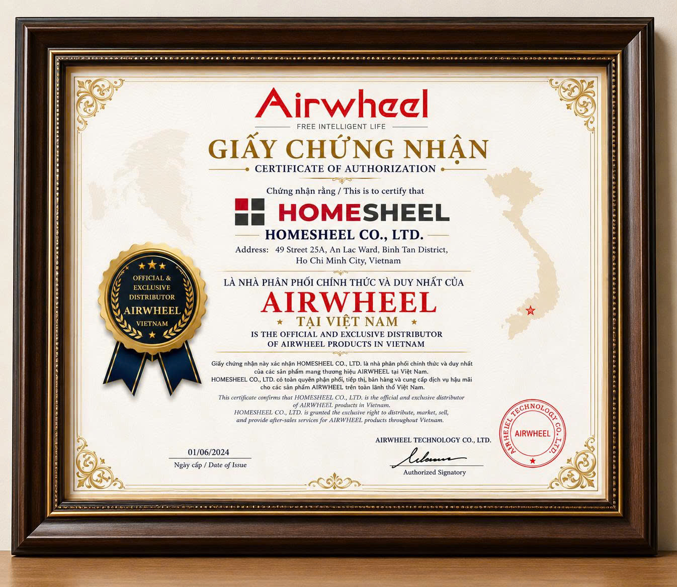 Giấy chứng nhận HOMESHEEL là nhà phân phối chính thức và độc quyền Airwheel tại Việt Nam