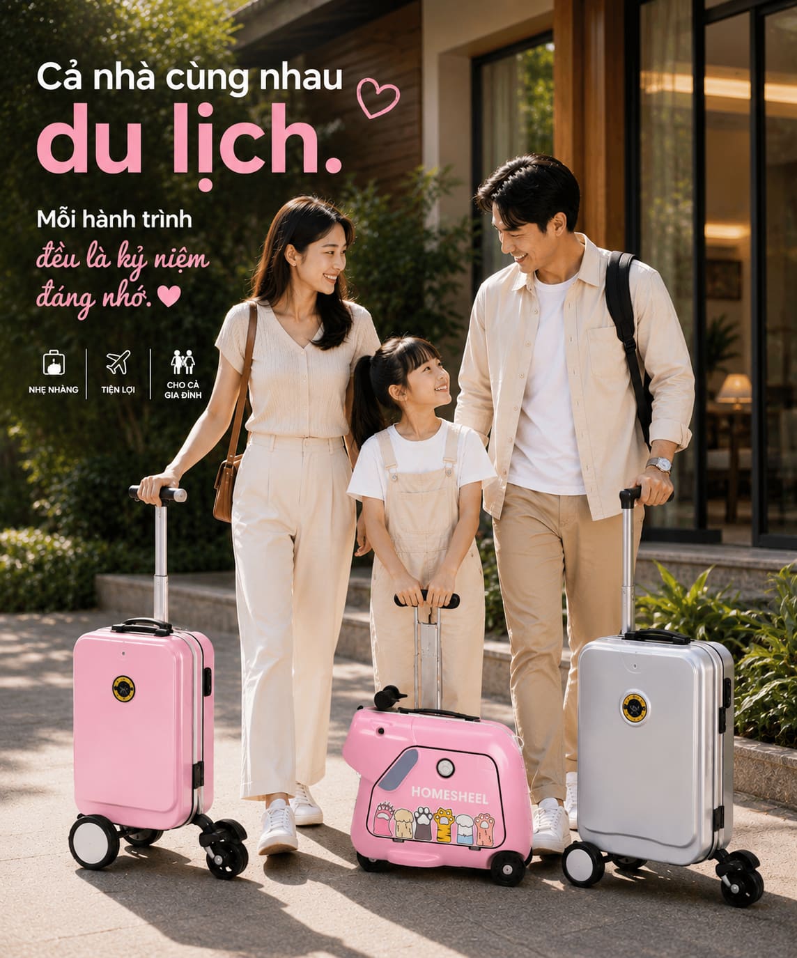 Gia đình sử dụng vali điện Homesheel Airwheel SE3S màu hồng và bạc tại khu nghỉ dưỡng, vali thông minh có thể ngồi lái khi du lịch.