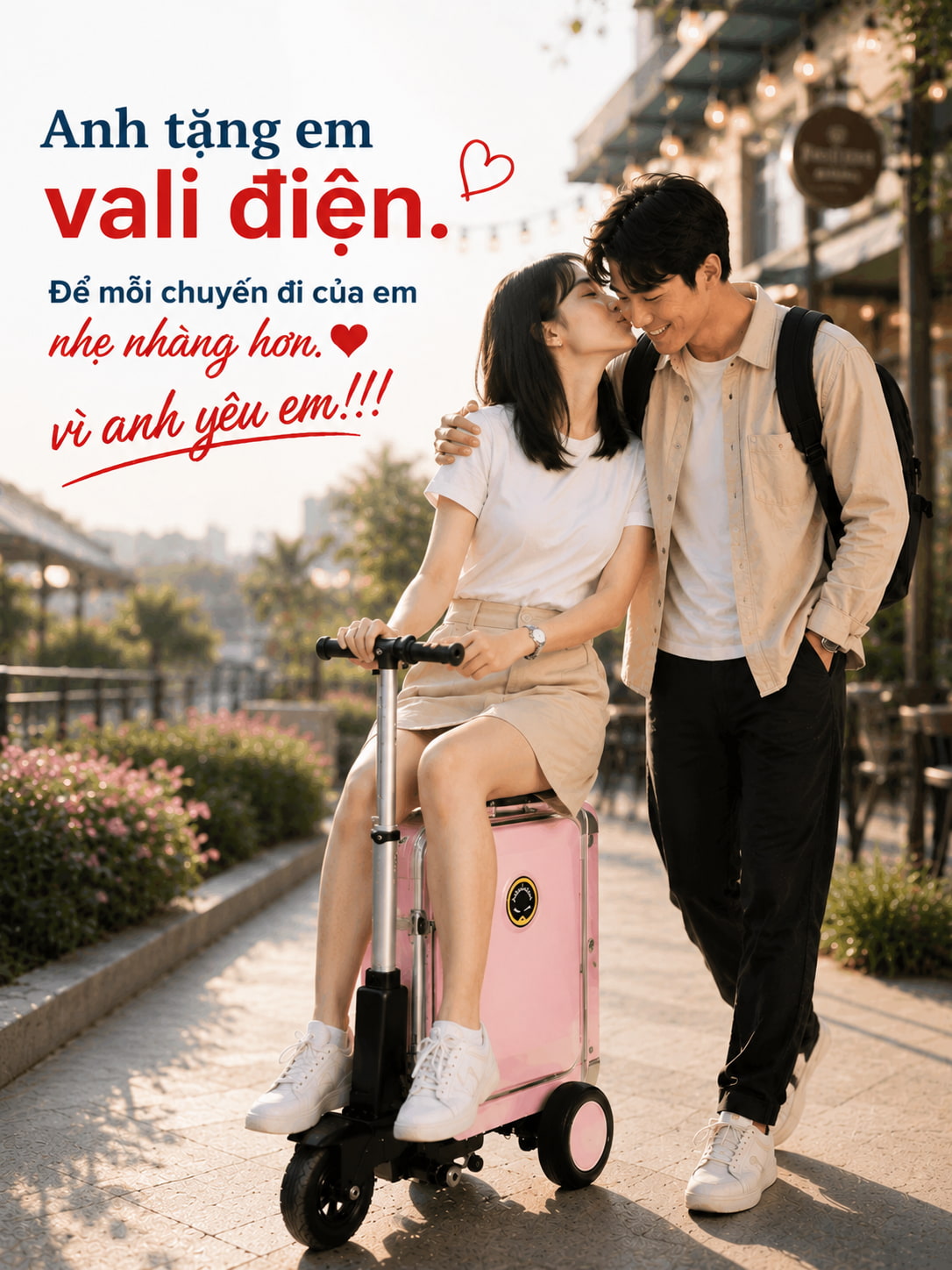 Cặp đôi sử dụng vali điện Homesheel Airwheel SE3S màu hồng tại khu nghỉ dưỡng, vali thông minh có thể ngồi lái khi du lịch.