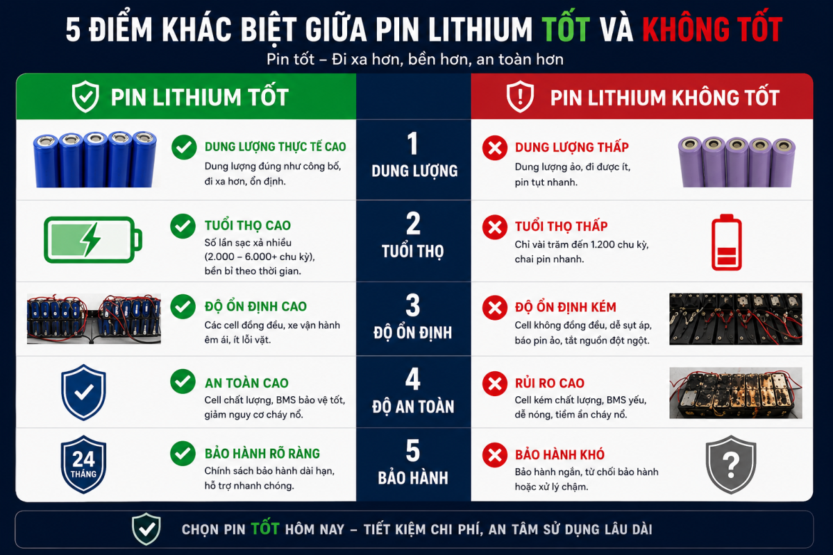 So sánh pin lithium tốt và pin lithium kém chất lượng cho xe điện