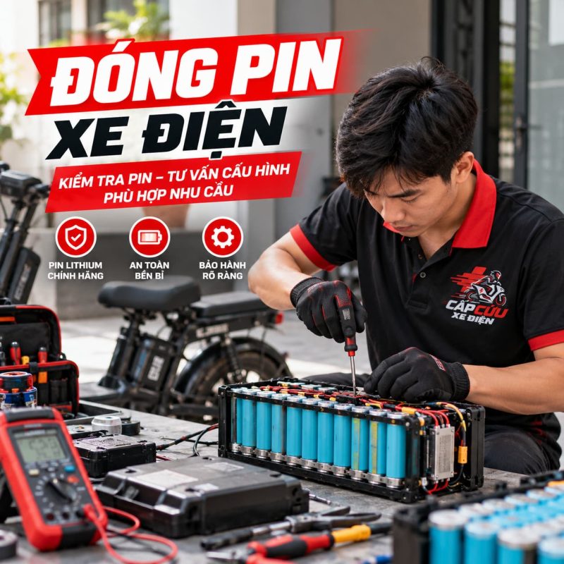 Kỹ thuật viên kiểm tra và đóng pin lithium xe điện tại bàn kỹ thuật, minh họa dịch vụ đóng pin xe điện HOMESHEEL.