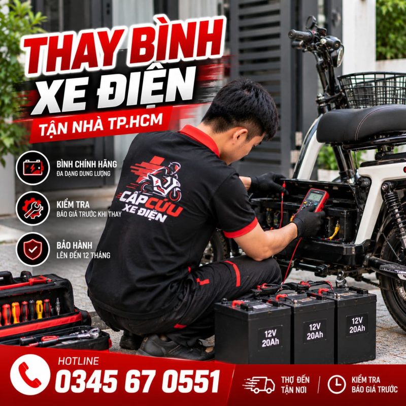 Kỹ thuật viên Cấp Cứu Xe Điện thay bình ắc quy xe điện tận nhà tại TP.HCM.