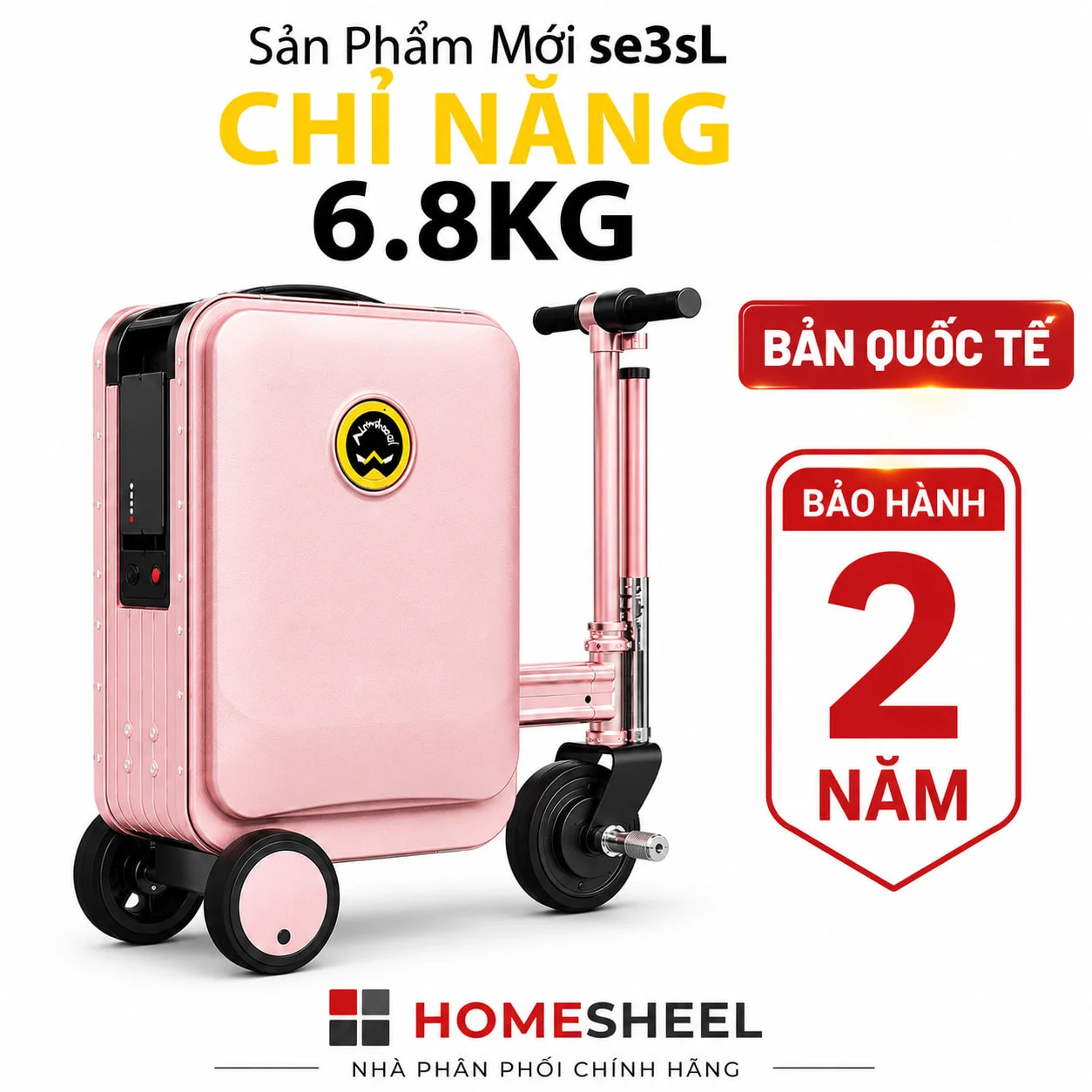 Vali điện Homesheel SE3SL màu hồng bản quốc tế, trọng lượng 6.8kg, bảo hành chính hãng 2 năm