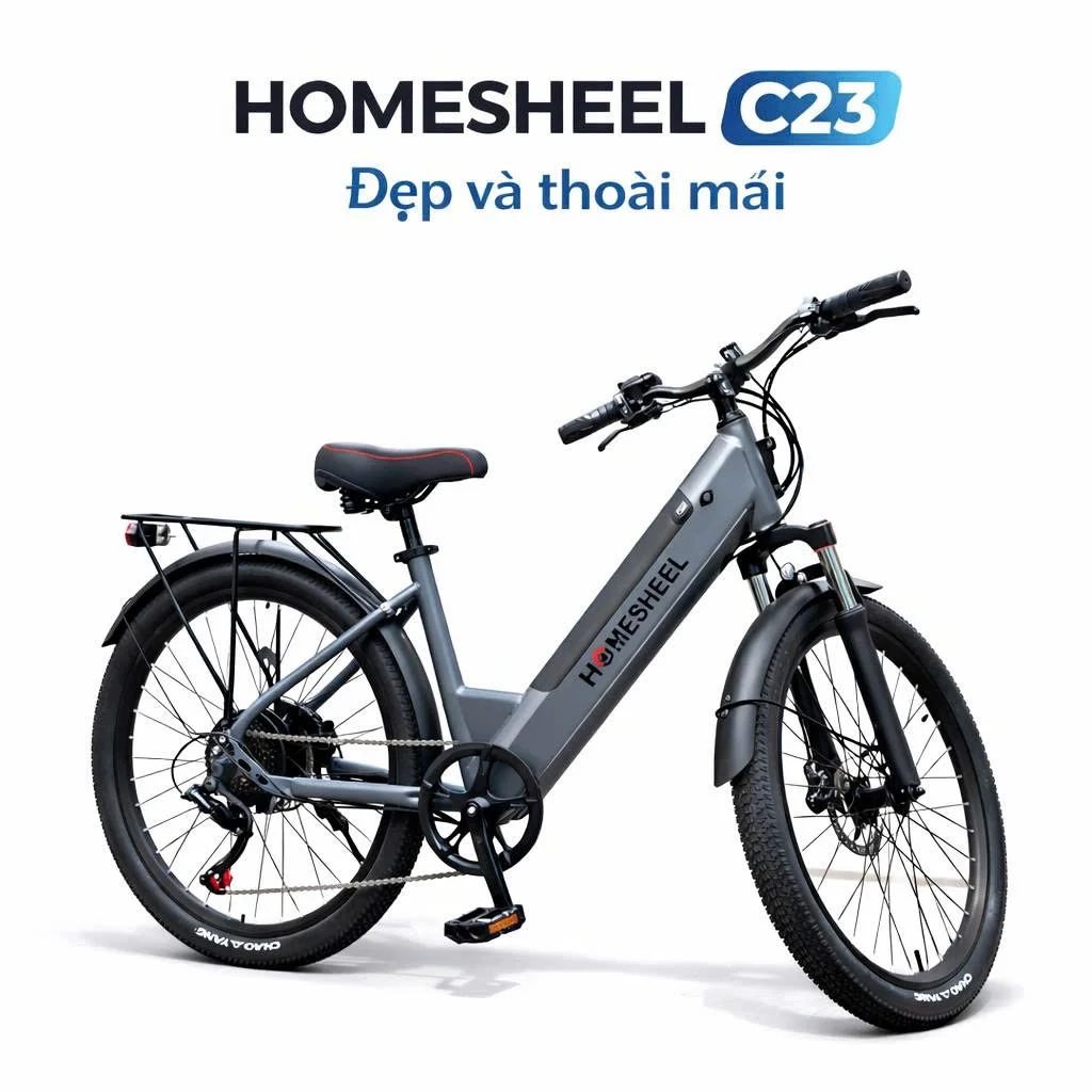 Xe đạp điện trợ lực HOMESHEEL C23 màu xám, thiết kế khung thấp, pin tháo rời, bánh lớn, phù hợp đi làm và dạo phố.