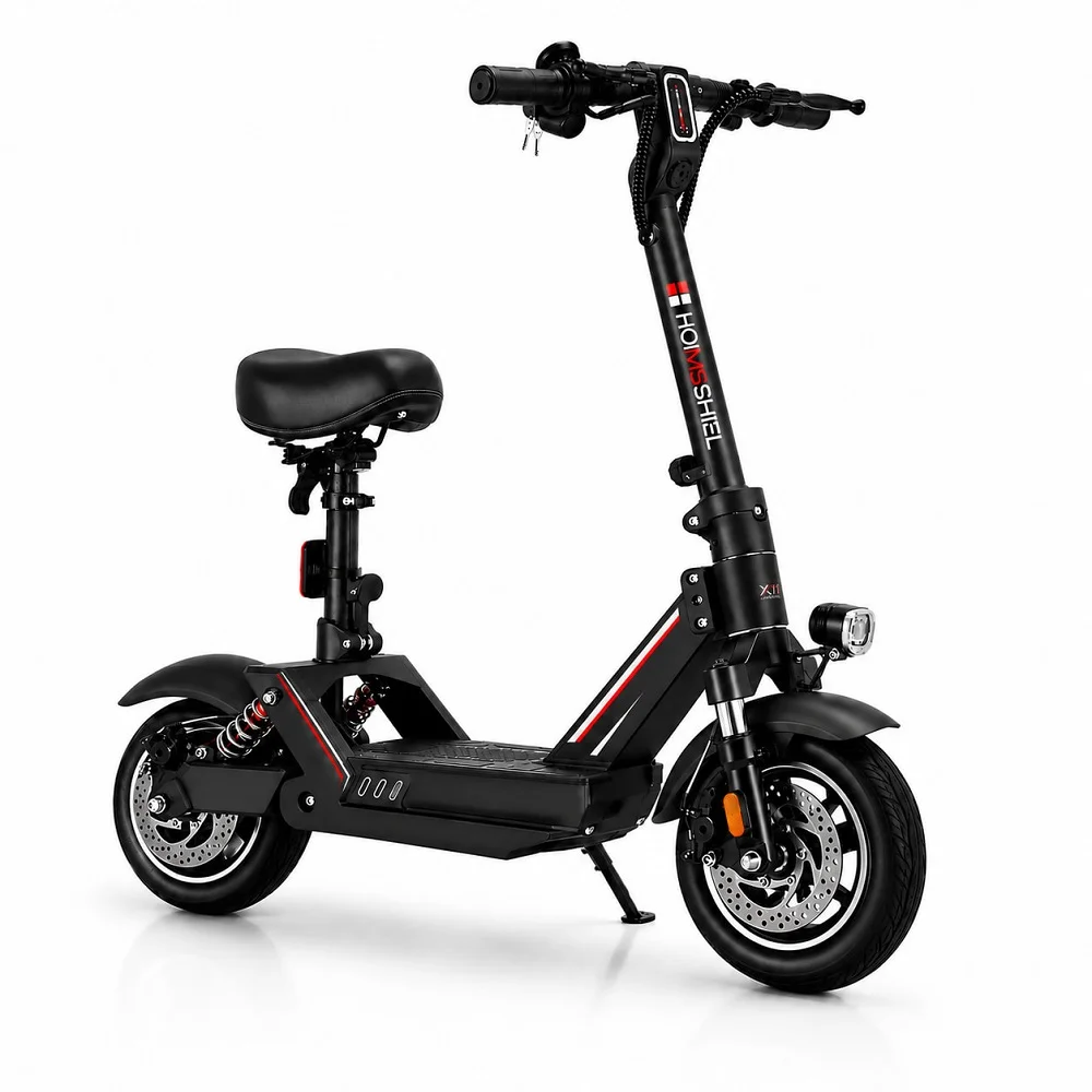 Xe scooter điện HOMESHEEL X11 màu đen gấp gọn, có yên ngồi, giảm xóc kép, phanh đĩa trước sau.
