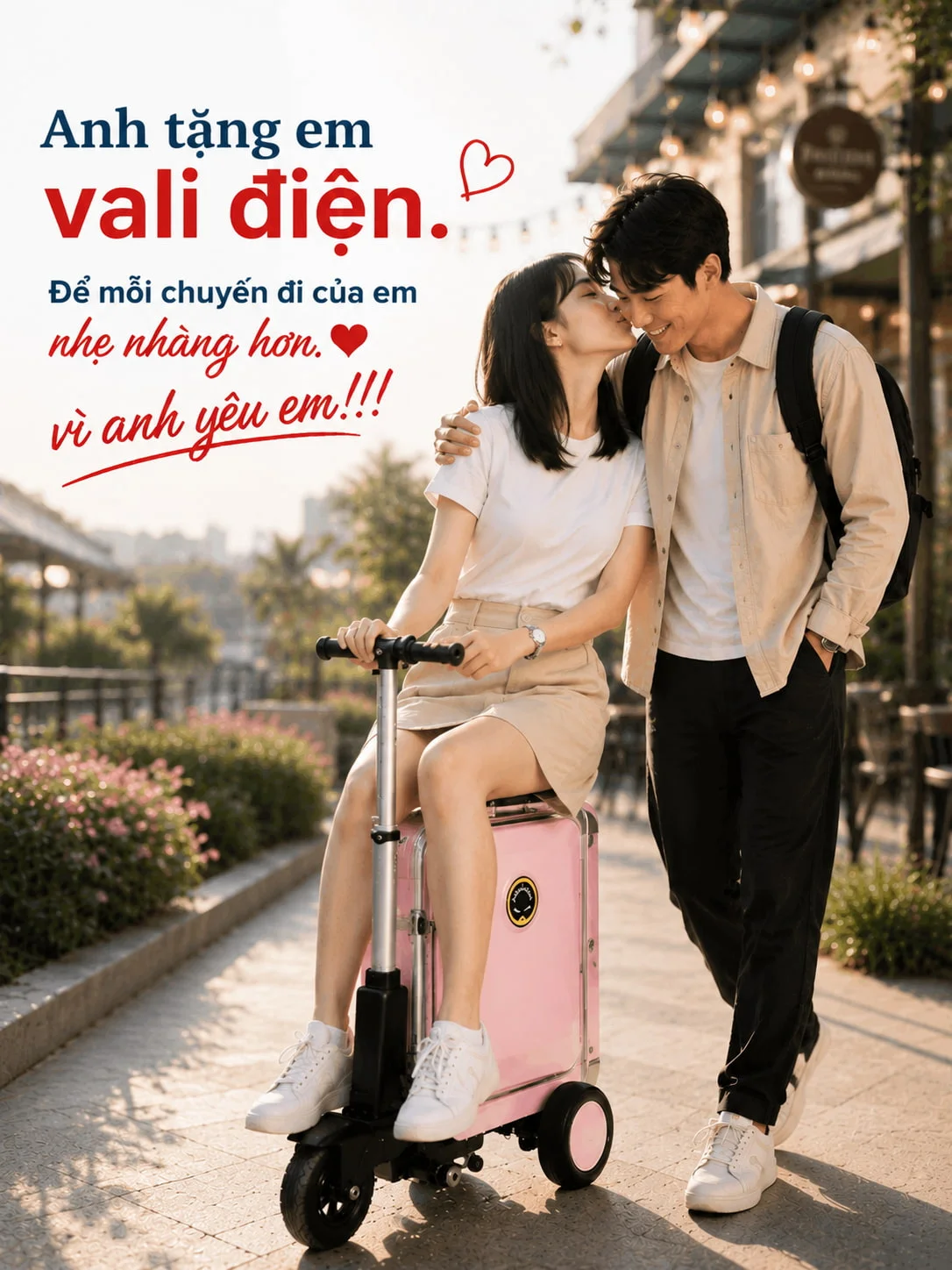 Cặp đôi sử dụng vali điện Homesheel Airwheel SE3S màu hồng tại khu nghỉ dưỡng, vali thông minh có thể ngồi lái khi du lịch.